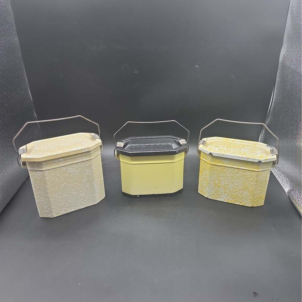 Vintage Enamelware Lunch Box Pail Set 3 Yellow Speckled Granite Ware Metal Trays